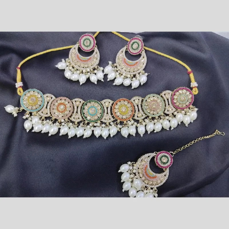 Elegant CZ Necklace-Om Creations Gold Plated Crystal Stone And Beads Choker Necklace Set