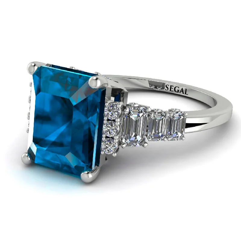 Modern Silver Ring-Emerald Cut Blue Topaz Ring Hidden Round Diamonds - Sawyer No. 503