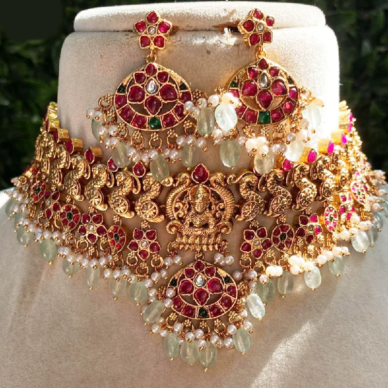 Stylish Pendant Necklace-Amoliya Jewels Gold Plated Kundan Stone And Pearls Choker Necklace Set