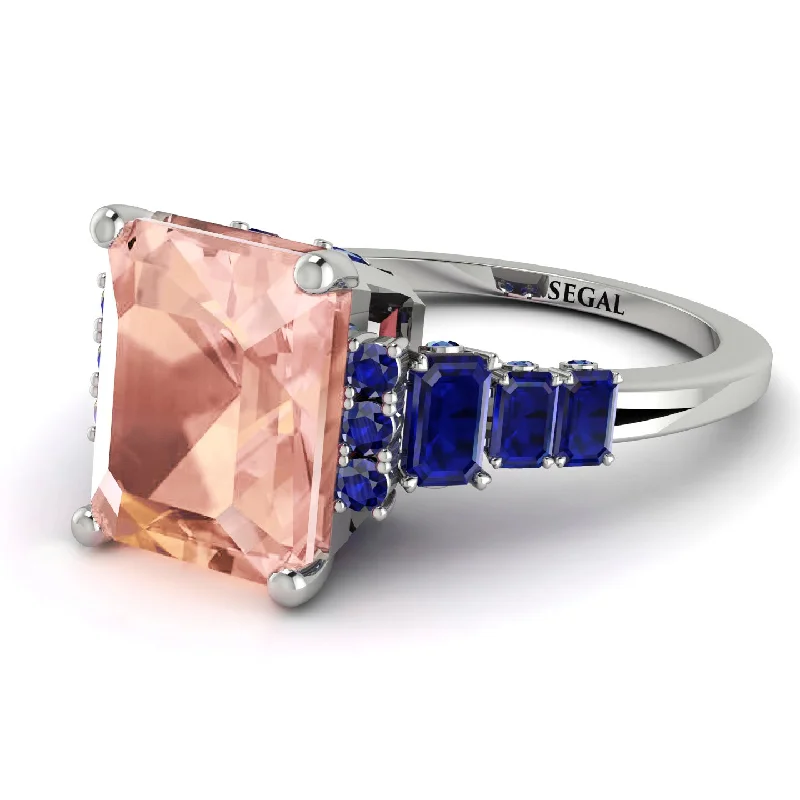 Classic White Gold Ring-Emerald Cut Morganite Ring Hidden Round Diamonds - Sawyer No. 915