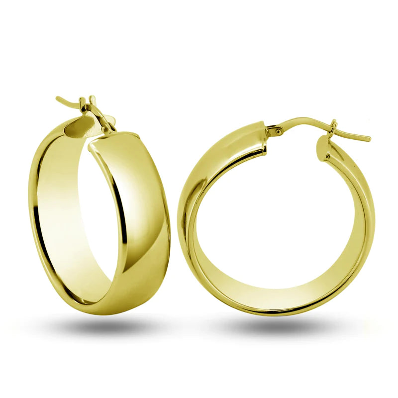 Edgy Silver Earrings-Silver 925 Gold Plated Sterling Silver Latch Back Puffed Hoop Earrings