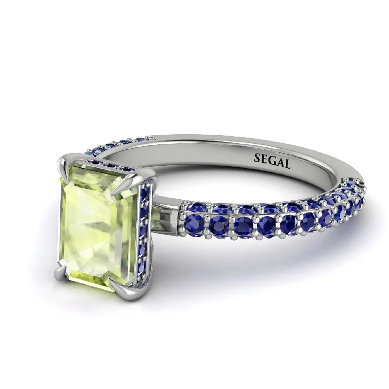 Simple Stacking Ring-Hidden Halo Emerald Cut Peridot Engagement Ring - Ximena No. 715