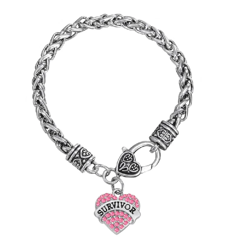 Modern Silver Bracelets-Fishhook European & American Breast Cancer Awareness Crystal Heart Survivor Bracelet Jewelry for women/men High Quality