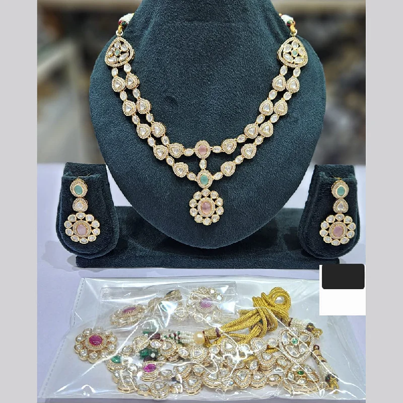 Classic Gold Pendant Necklace-JCM Gold Plated Polki Kundan Stone Necklace Set