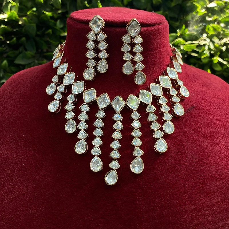 Silver and Pearl Necklace-Royal Kundan Jewellery Gold Plated Polki Kundan Stone Necklace Set