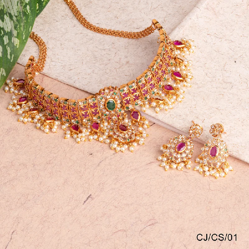 Colorful Necklace with Gemstones-Chiccharm Jewellery Brass and Copper Rajwadi Choker Set