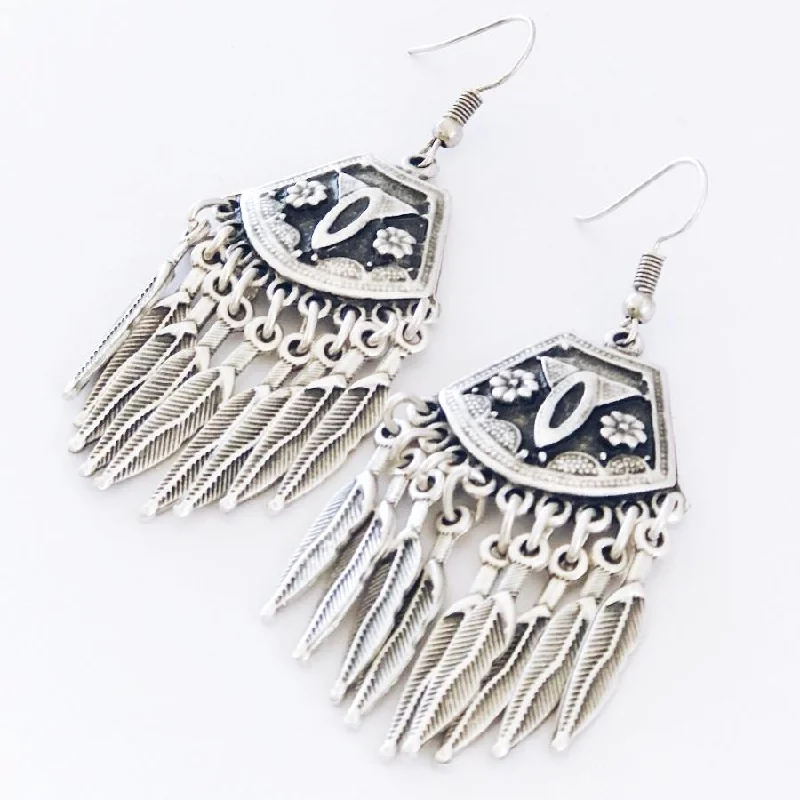 Pearl Drop Earrings-Anatolian Boho Earrings - "Nine Feathers"