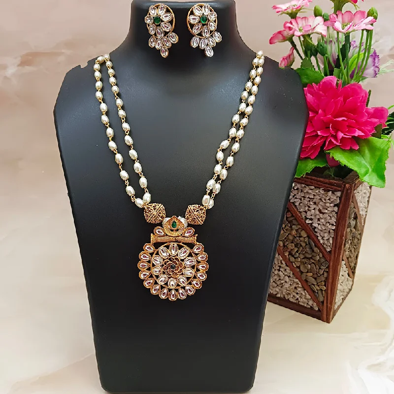 Handcrafted Silver Necklace-Darshana Jewels Gold Plated Kundan Pearl Long Necklace Set