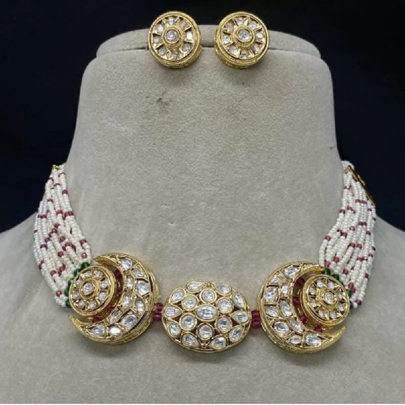 Multi-Strand Necklace-Royal Kundan Jewellery Gold Plated Polki Kundan Stone And Pearls Choker Necklace Set