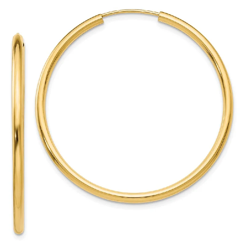 Unique Statement Earrings-2mm x 37mm 14k Yellow Gold Polished Round Endless Hoop Earrings