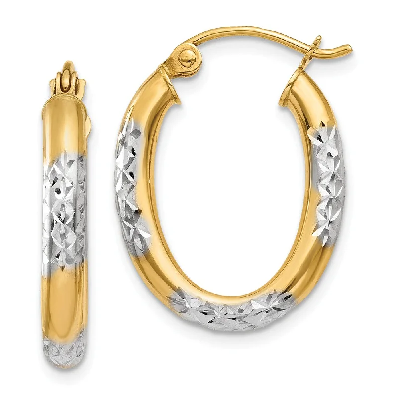 Bridal Hoop Earrings-3mm, 14k Yellow Gold Diamond Cut Oval Hoops, 20mm (3/4 Inch)