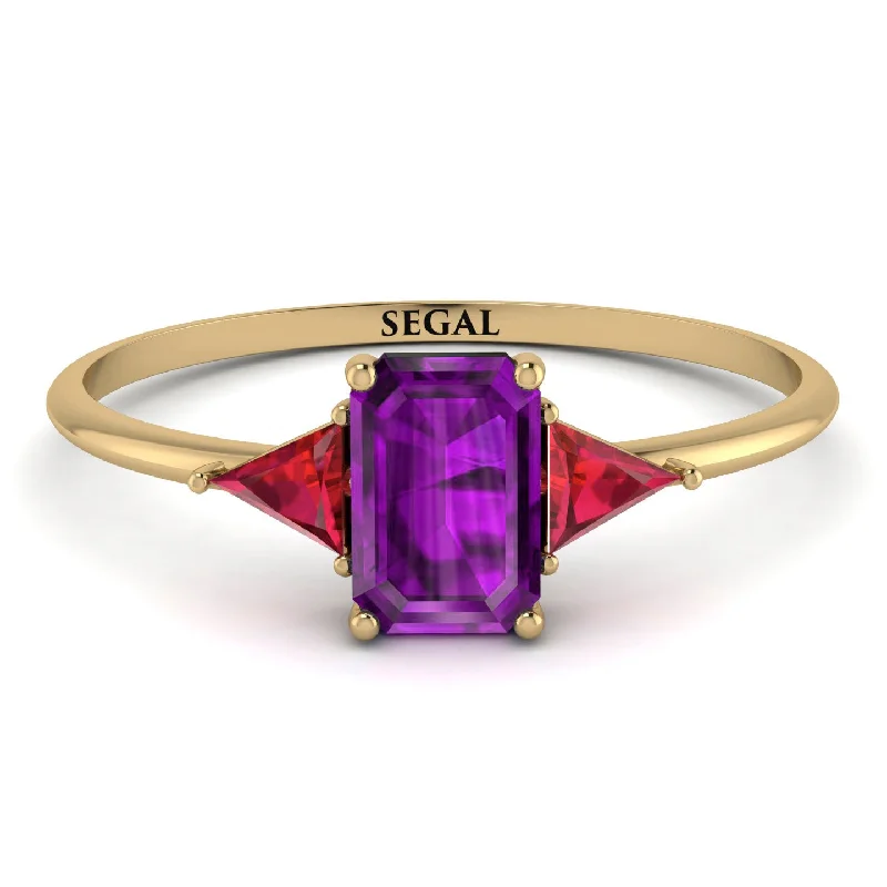 Custom Birthstone Ring-Emerald Cut Amethyst With Triangles Ring - Remi No. 310