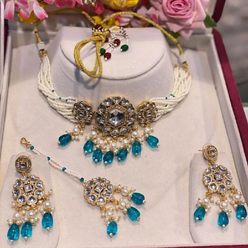 Crystal Bar Necklace-Hira Collection Gold Plated Kundan Stone And Beads Necklace Set