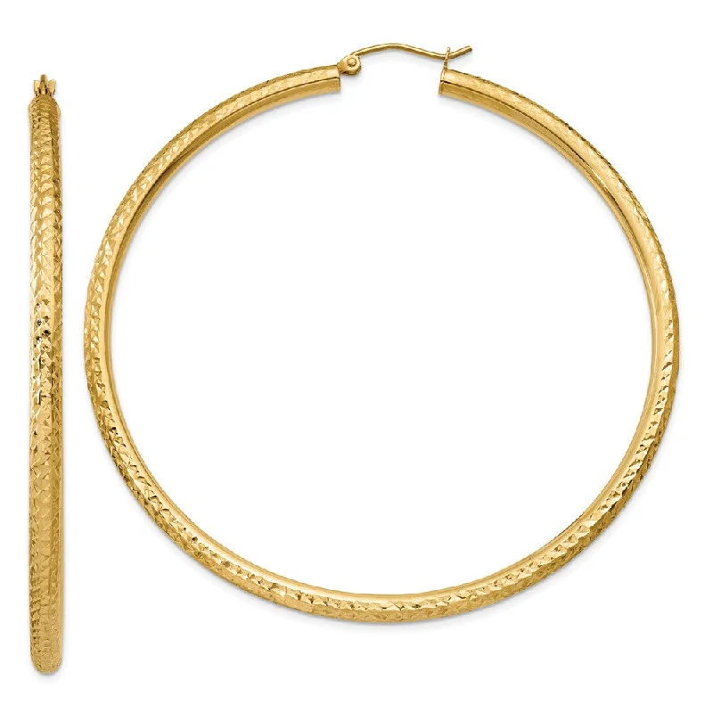 Unique Designer Earrings-3mm x 65mm, 14k Yellow Gold, Diamond-cut Round Hoop Earrings