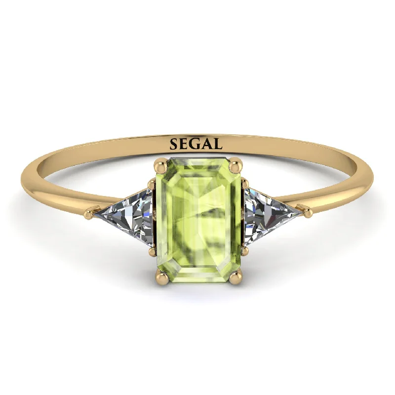 Unique Gold Wedding Ring-Emerald Cut Peridot With Triangles Ring - Remi No. 701