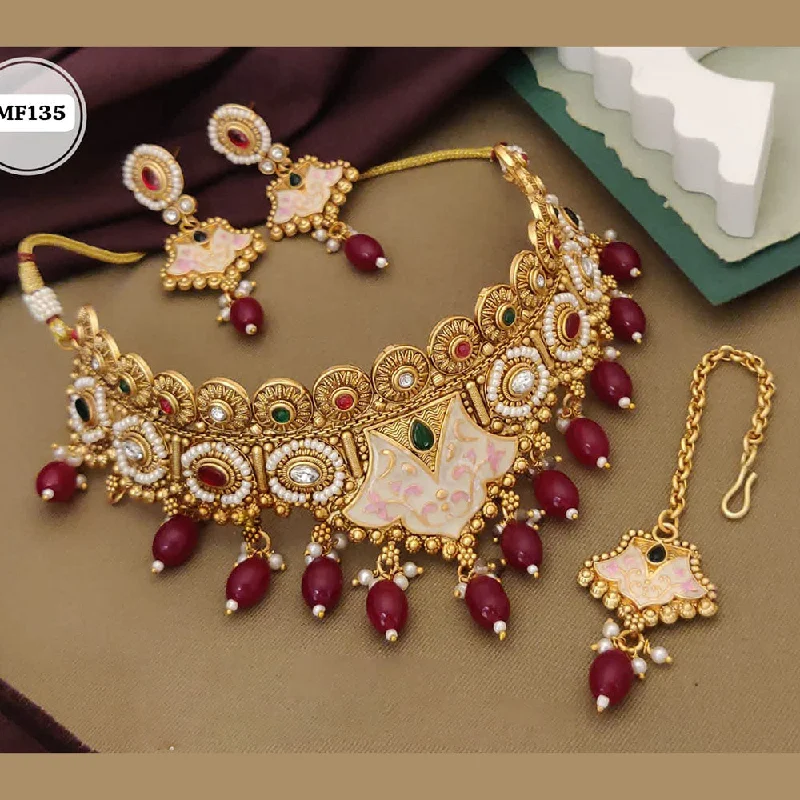 Luxurious Sapphire Necklace-Akruti Collection Gold Plated Pota Stone And Pearls Meenakari Choker Necklace Set