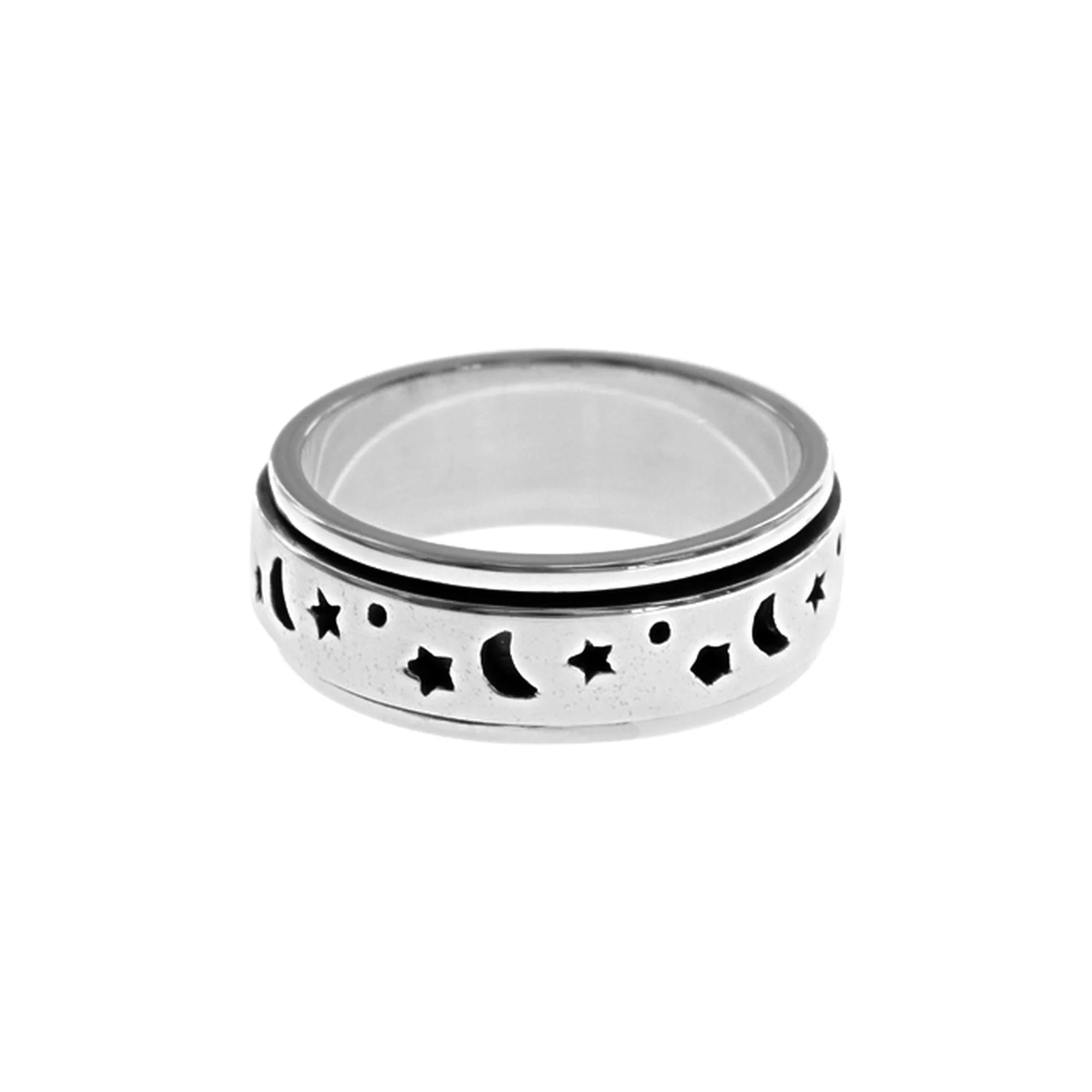 Simple Silver Ring-Sterling Silver Moon and Stars Spinning Band Ring