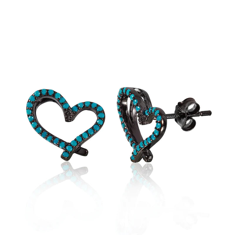 Small Gold Earrings-Silver 925 Black Rhodium Plated Open Heart Stud Earrings With turquoise Stone