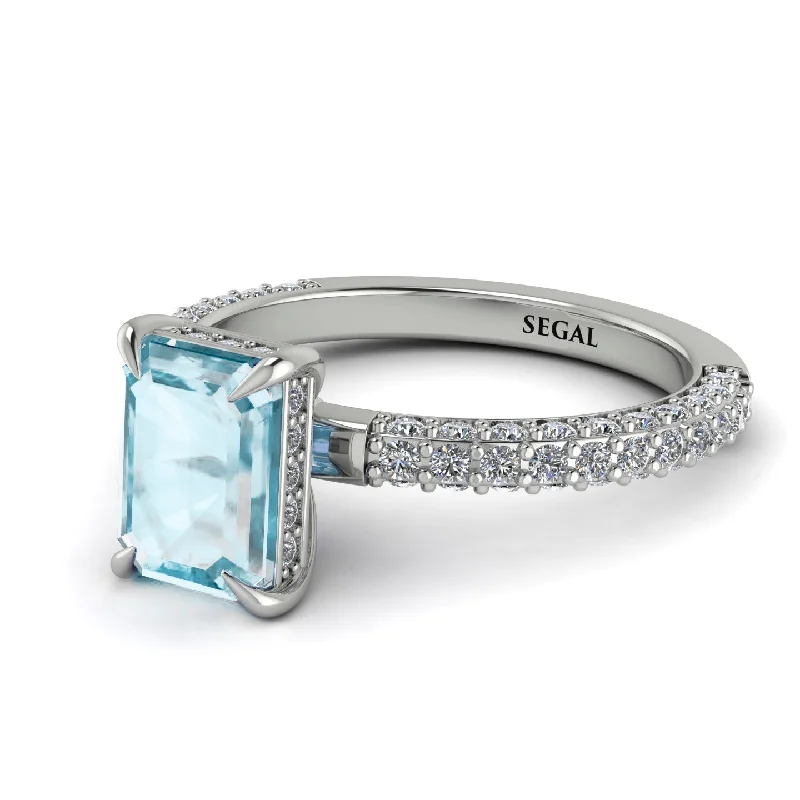 Custom Silver Ring-Hidden Halo Emerald Cut Aquamarine Engagement Ring - Ximena No. 403