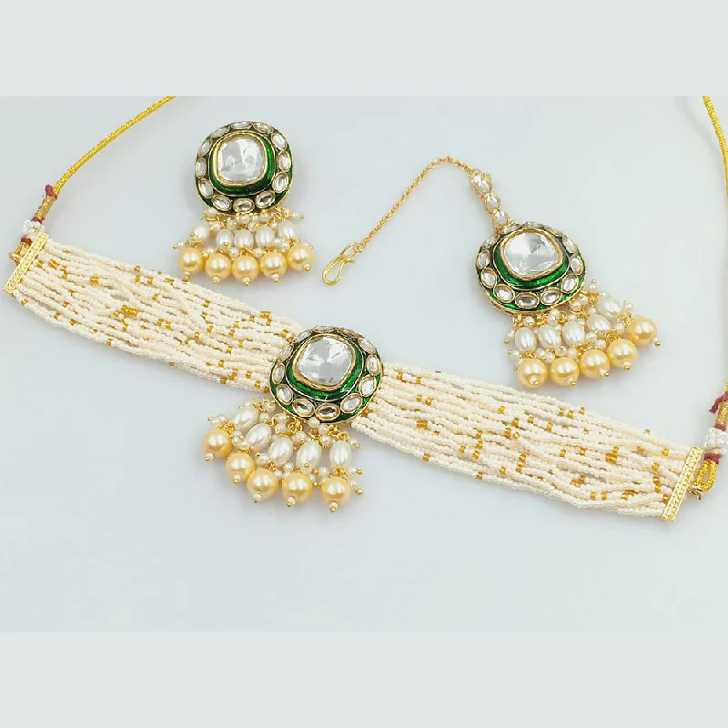 Modern Silver Necklace-Rajwadi Collection Gold Plated Kundan Stone And Pearls Choker Necklace Set