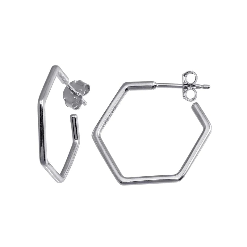 Luxury Stud Earrings-Silver 925 Rhodium Plated Large Hexagon Semi Hoop Earrings