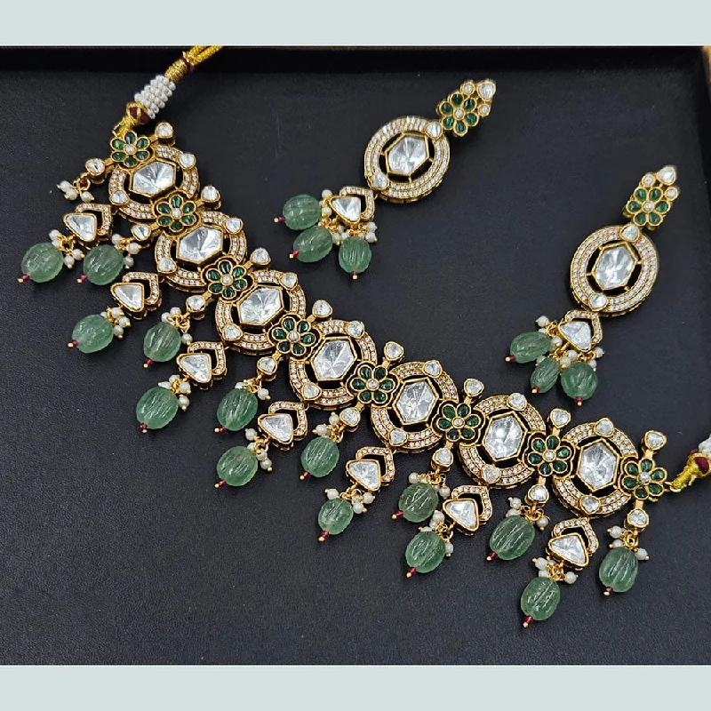 Luxury Diamond Necklace-Rajwadi Collection Gold Plated Polki Kundan Stone And Beads Choker Necklace Set