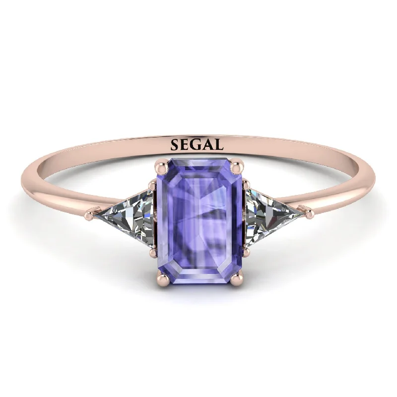 Classic Silver Wedding Band-Emerald Cut Tanzanite With Triangles Ring - Remi No. 202