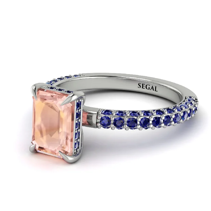 Dainty Gold Ring-Hidden Halo Emerald Cut Morganite Engagement Ring - Ximena No. 915