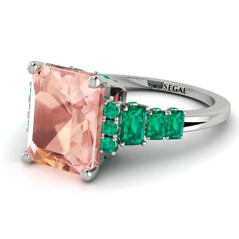 Elegant Cocktail Ring-Emerald Cut Morganite Ring Hidden Round Diamonds - Sawyer No. 906