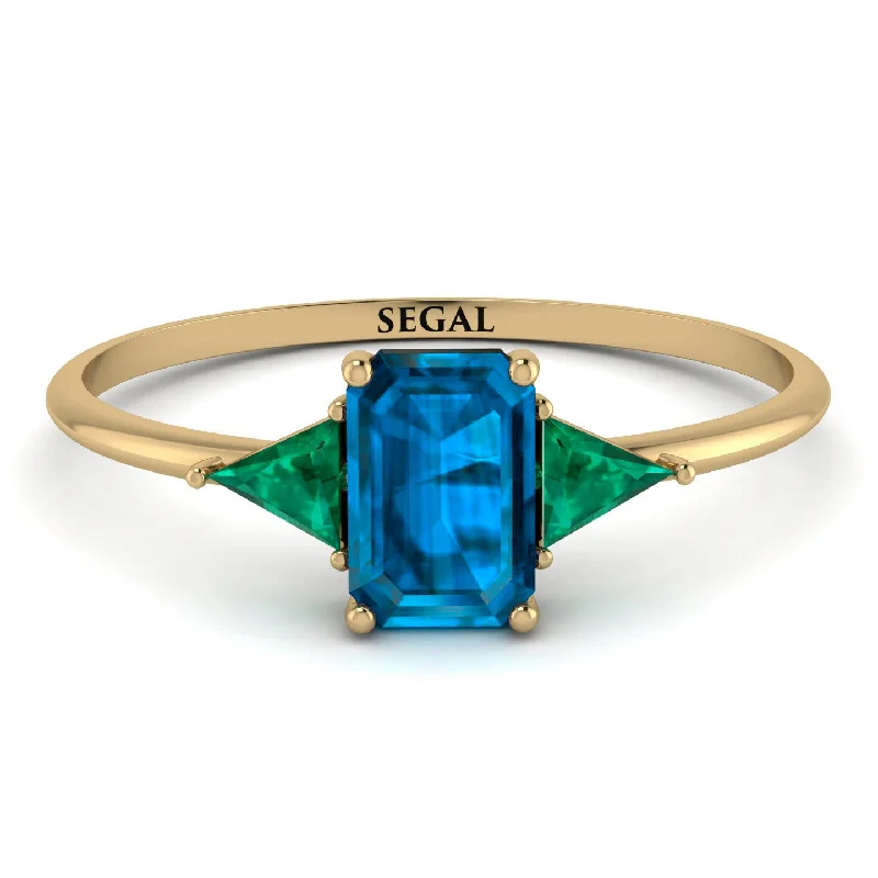 Designer Gold Ring-Emerald Cut Blue Topaz With Triangles Ring - Remi No. 504