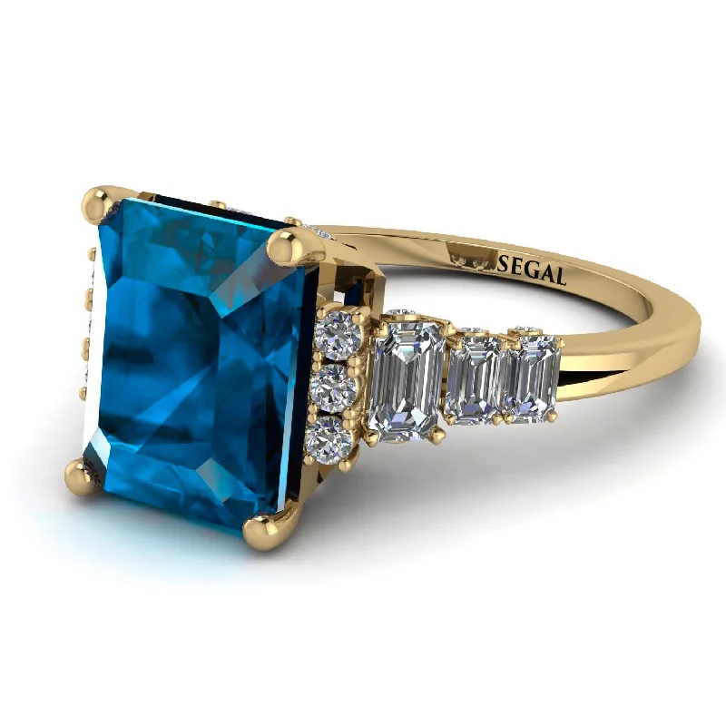 Gold Infinity Ring-Emerald Cut Blue Topaz Ring Hidden Round Diamonds - Sawyer No. 501