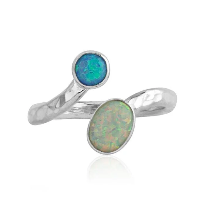 Gold Engagement Ring-Lavan White and Blue Opal Ring - Adjustable