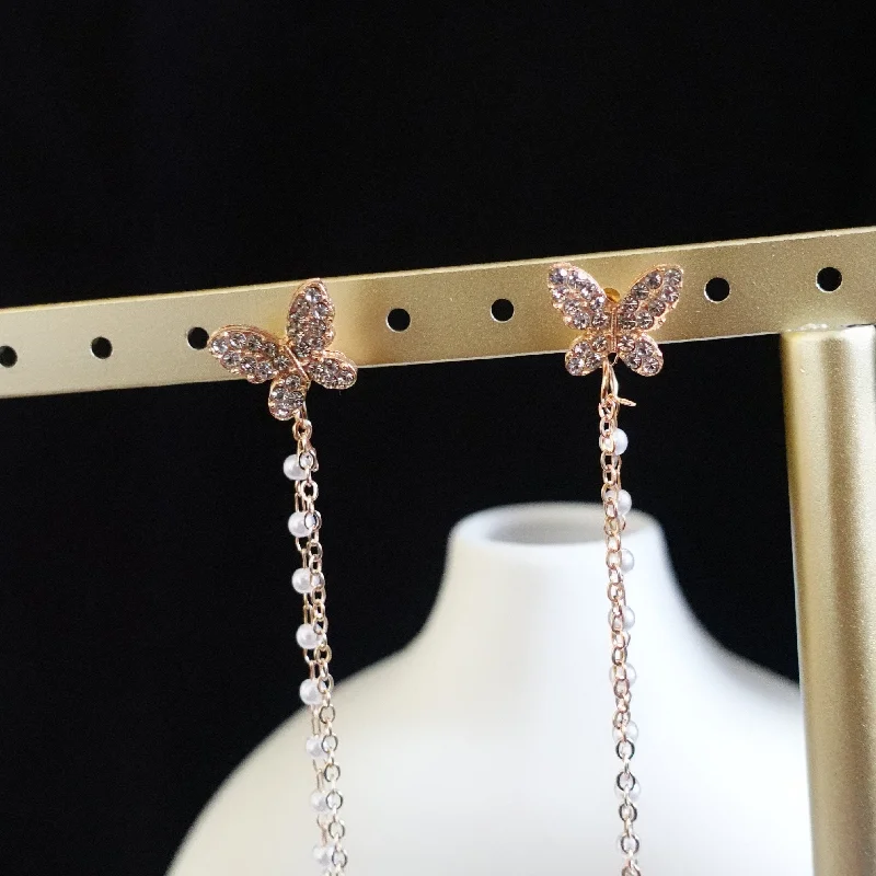 Diamond Drop Earrings-Rose Gold Butterfly EarCuff