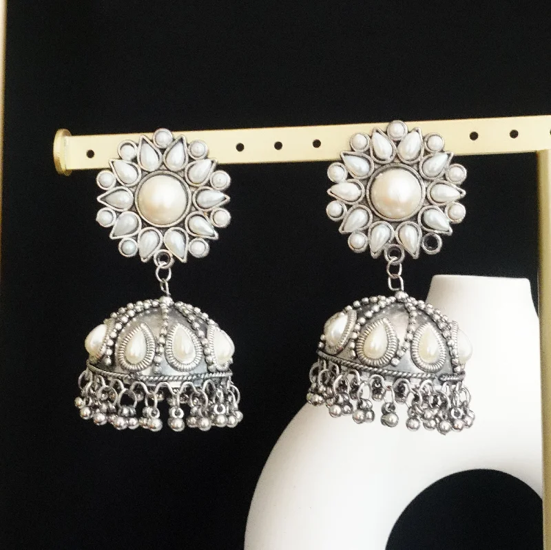 Bold Gemstone Earrings-White flower jhumka