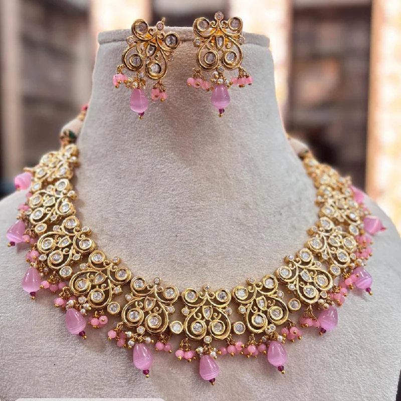 Adjustable Chain Necklace-Jewel Addiction Copper Gold Plated Polki Kundan Stone Beads Necklace Set