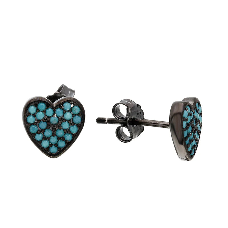 Colorful Pearl Earrings-Silver 925 Black Rhodium Plated Heart Earrings with Turquoise Stones