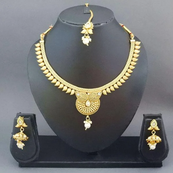 Silver Chain Necklace-Darshana Jewels Copper Pearl Drop Necklace Set With Maang Tikka - FAP0012A