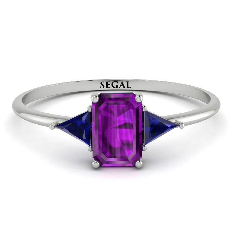 Gold Engagement Ring-Emerald Cut Amethyst With Triangles Ring - Remi No. 315