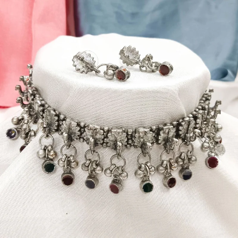 Round Gemstone Necklace-Darshana Jewels Oxidised Peacock Design Choker Necklace Set