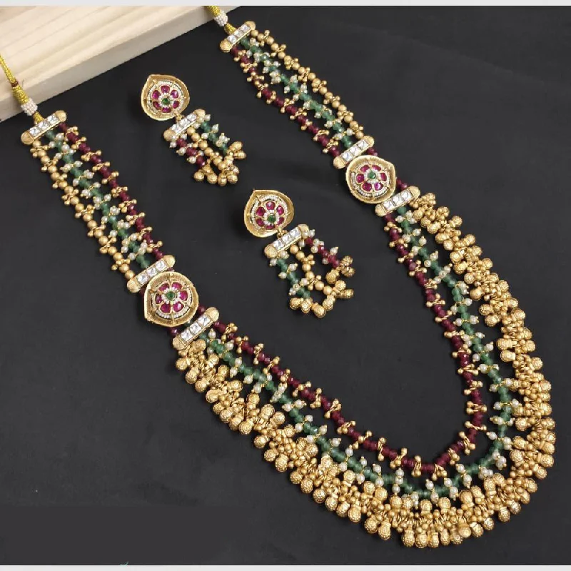 Colorful Glass Necklace-SNERA Gold Plated Pota Stone And Beads Long Necklace Set