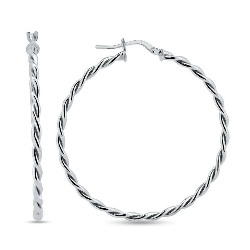 Party Statement Earrings-Silver 925 Rhodium Plated Silver Twisted Hoop Earrings