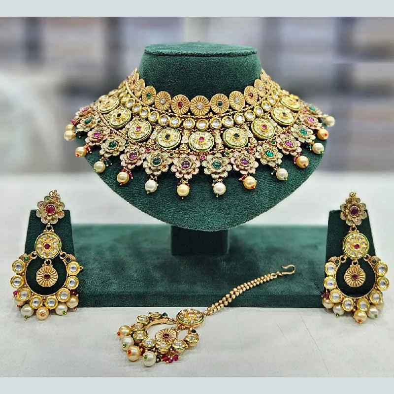 Bold Crystal Necklace-Rajwadi Collection Gold Plated Pota Stone And Pearls Choker Necklace Set