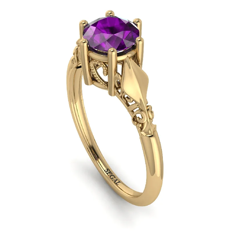 Personalized Promise Ring-Art deco Leaves Structure Amethyst  Ring- 14K Yellow Gold - Reagan no. 301