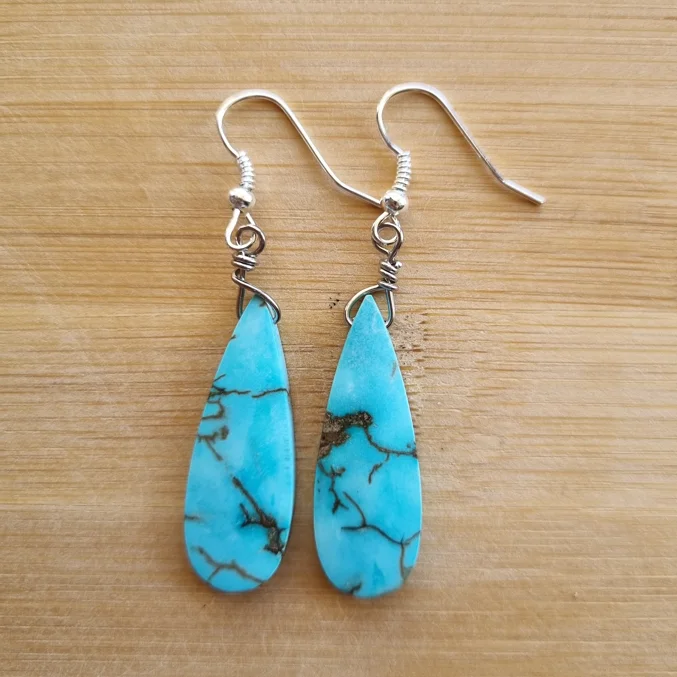 Handcrafted Hoop Earrings-Blue Sediment Turquoise Stone - Boho Earrings