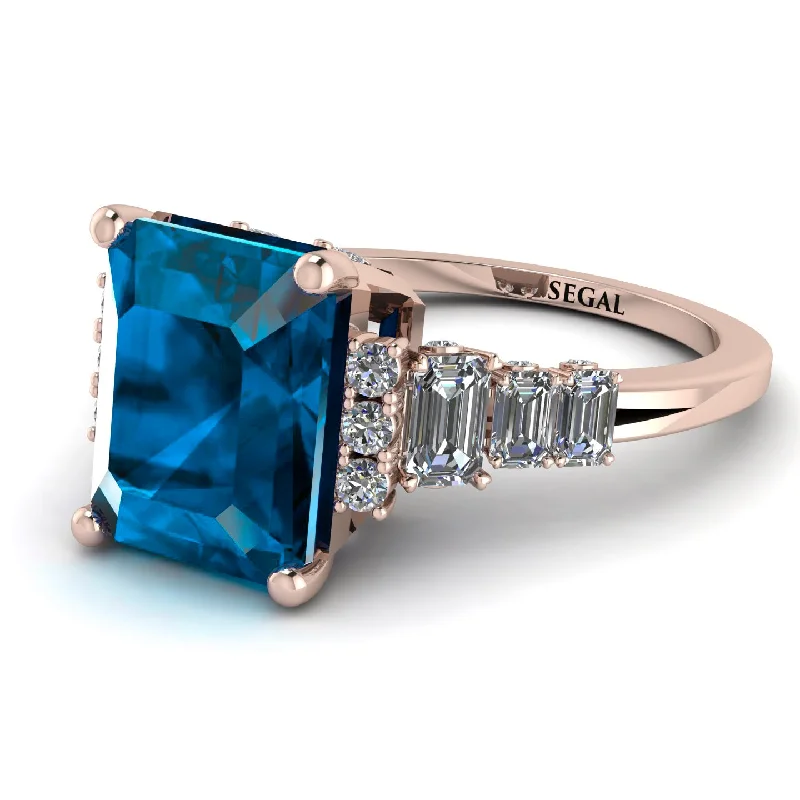 Custom Ring for Anniversary-Emerald Cut Blue Topaz Ring Hidden Round Diamonds - Sawyer No. 502