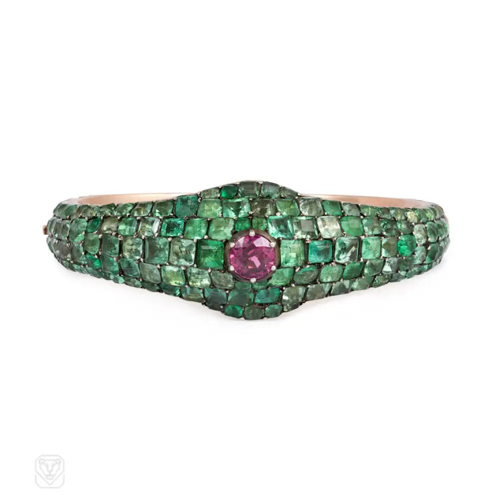 Elegant Pearl Bangles-Antique pavé emerald and pink sapphire bangle