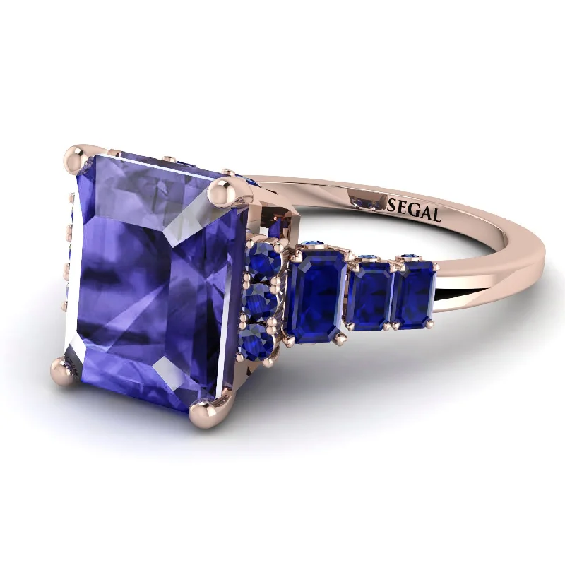 Luxurious Wedding Ring-Emerald Cut Tanzanite Ring Hidden Round Diamonds - Sawyer No. 214