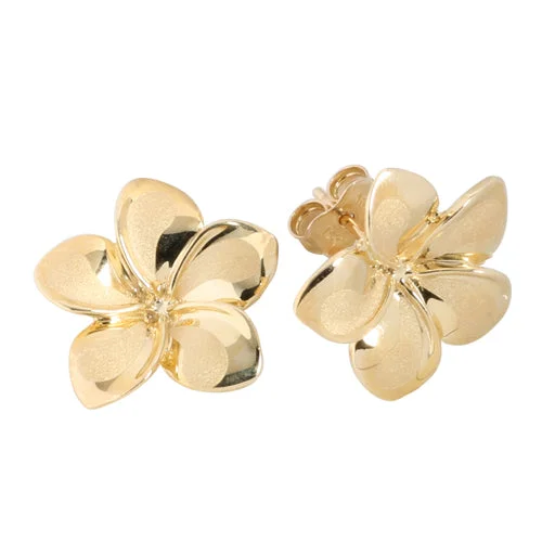 Sterling Silver Diamond Earrings-14K Yellow Gold Plumeria Post Earrings Sandblast Polish Edge (XS/S/M)