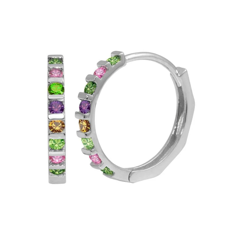 Vintage Crystal Earrings-Rhodium Plated 925 Sterling Silver Multi-Colored CZ Huggie Hoop Earrings