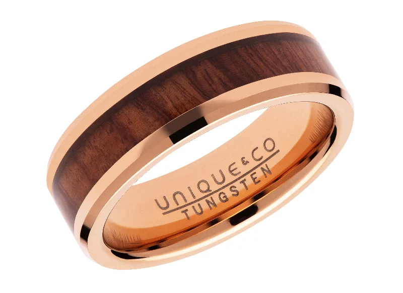 Men’s Silver Wedding Ring-Unique & Co 7mm Tungsten Carbide Ring with Wood Inlay and IP Rose Plating